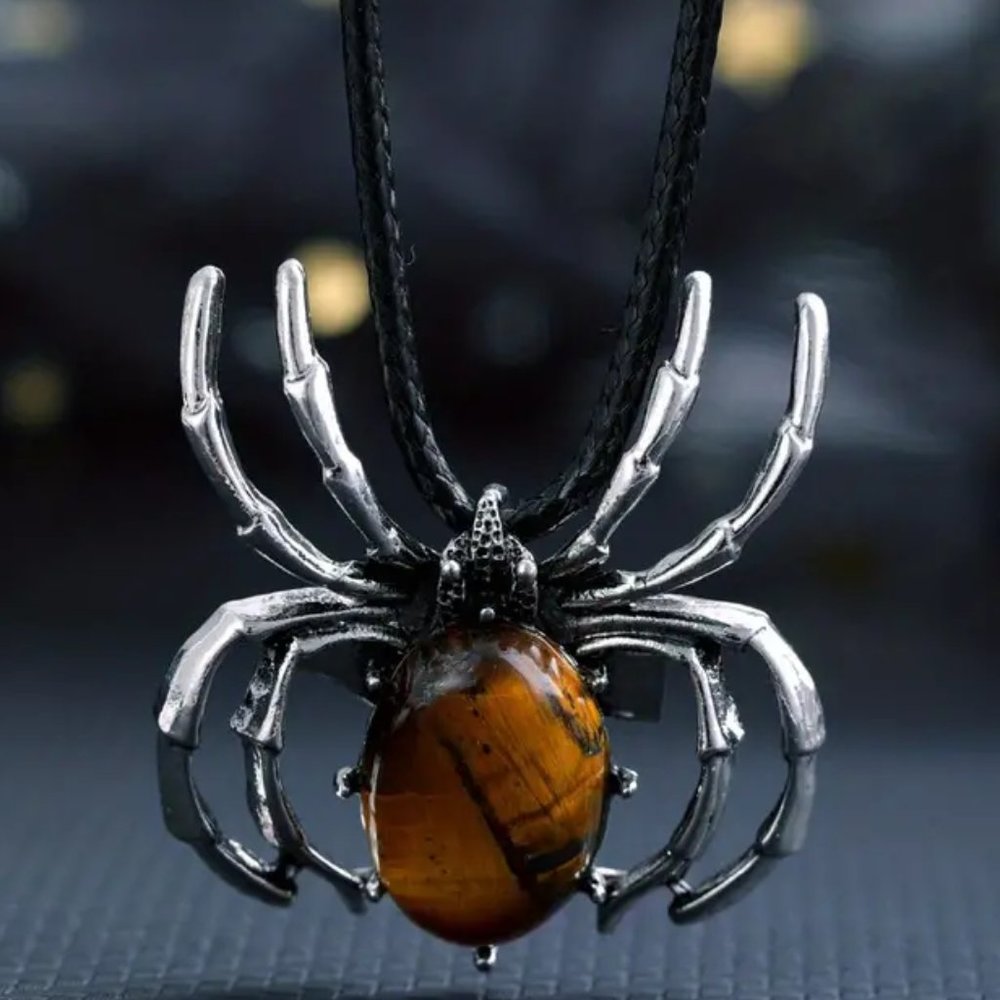 Tiger Eye Stone Spider Brooch Pendant Necklace Healing Gemstone Pendant - Picture 3 of 3